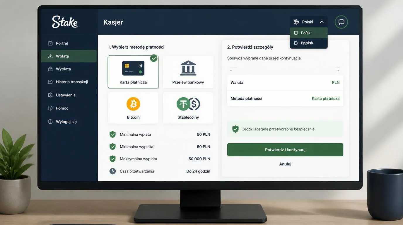 Panel kasy z wyborem PLN, płatności kartą, przelewem i kryptowalutami oraz progami wpłat i wypłat