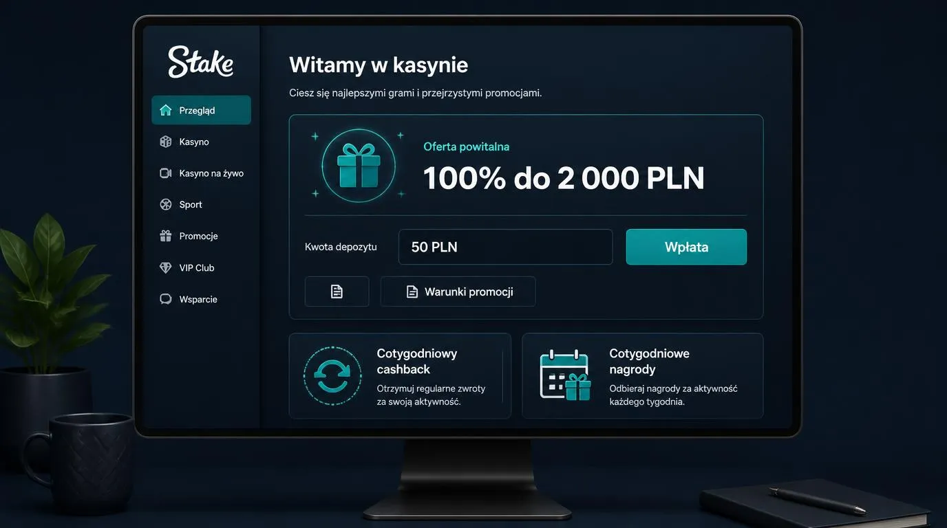 Panel bonusu powitalnego 100% do 2 000 PLN z minimalną wpłatą 50 PLN i przyciskiem sprawdzenia warunków