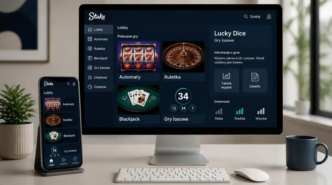 Lobby kasyna z kategoriami automatów, ruletki i blackjacka oraz panelem zasad gry i zmienności