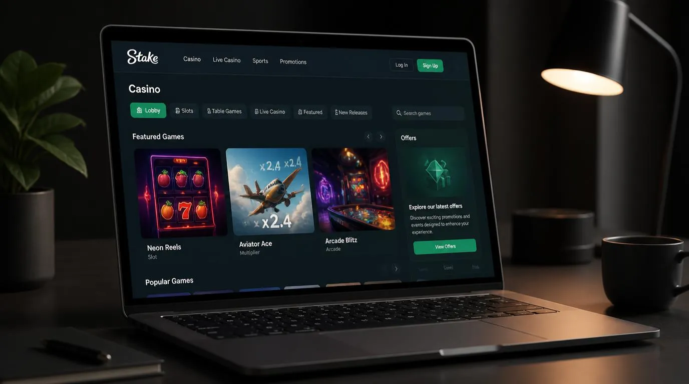 Panel kasyna na laptopie z katalogiem automatów, gier z mnożnikiem i sekcją ofert promocyjnych